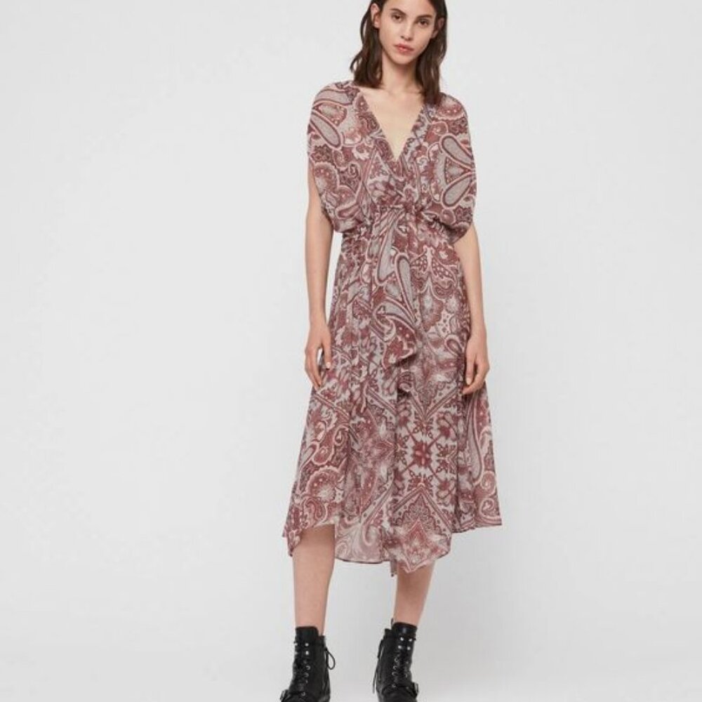 AllSaints Romina Scarf Dress size medium printed flowy sheer pink red